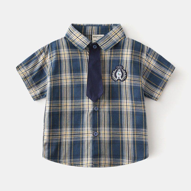 Children's Summer Clothing Boy's Short-Sleeved Shirt Kids Gingham Shirt Baby Lapel Preppy Style Tie Casual Clothes