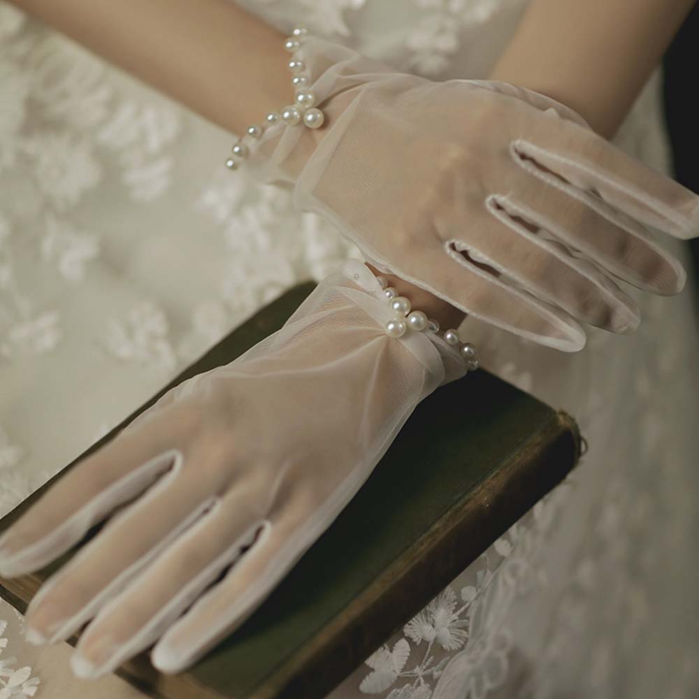 Sexy Transparent Lace White Bridal Girl Pearl Finger Gloves Bow Tulle Mittens Short Wedding Gloves