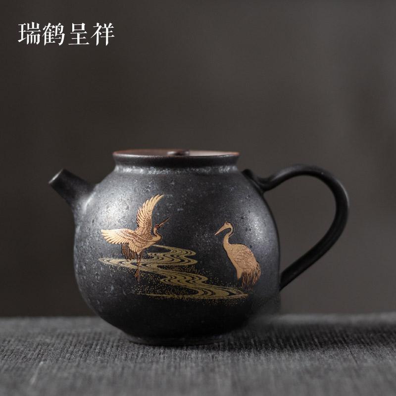Чайник из черной керамики с серебряными пятнами, грубая керамика, маленький чайник с журавлем, ретро, бытовой керамический набор для чая кунг-фу