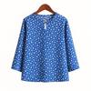 Vintage Casual Blouse, For Women, Elastic Hemp, Floral Print, Round Neck, Three-Quarter Sleeves, Elegant Loose Top