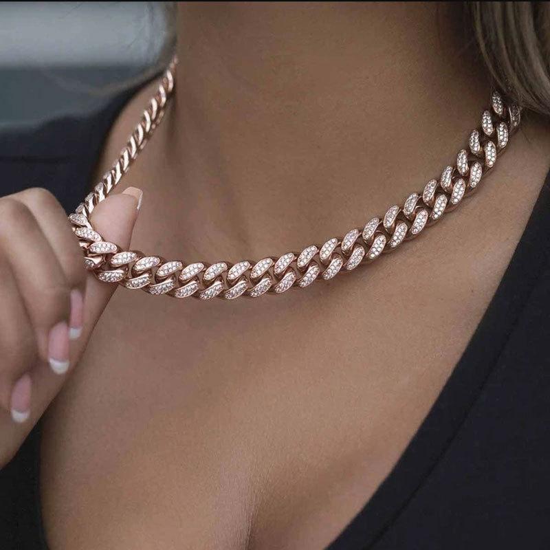Pink Ladies Necklace Hip Hop 13Mm Cuban Hip Hop Chain Men'S Wild Style Jewelry Personality Versatile Accessories