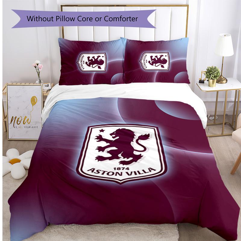 Aston Villa Football Printed 3 Pieces Bedding Set, Comfortable Skin Friendly Bedroom Duvet Cover Set