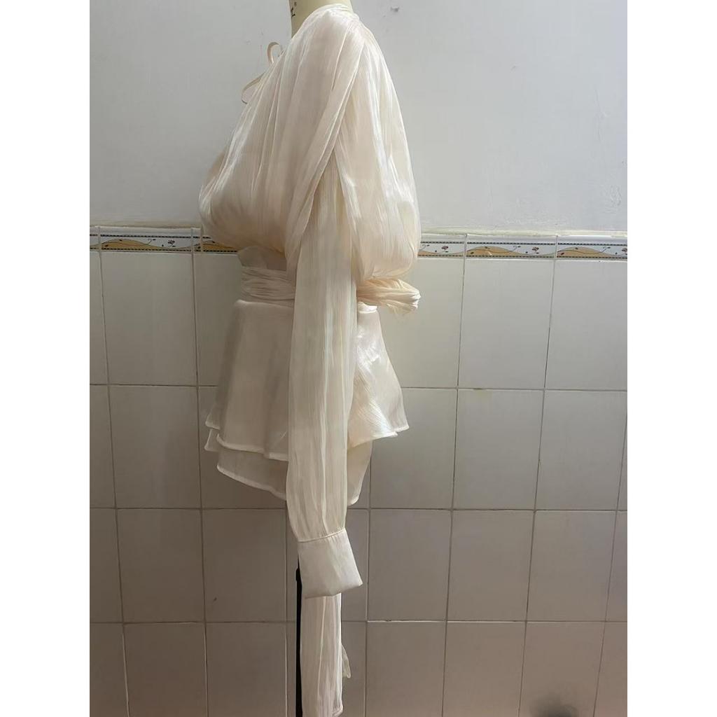 Шикарные платья мини с кружевной шнуровкой, свободного кроя, сексуальные, для женщин, с круглым вырезом, длинными рукавами, минималистичные, с оборками и складками, женская мода