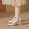 French Silver Pointed High Heels Women's Autumn New Cross Belt with Skirt Temperament Light Mouth Thick Heel Single Shoes