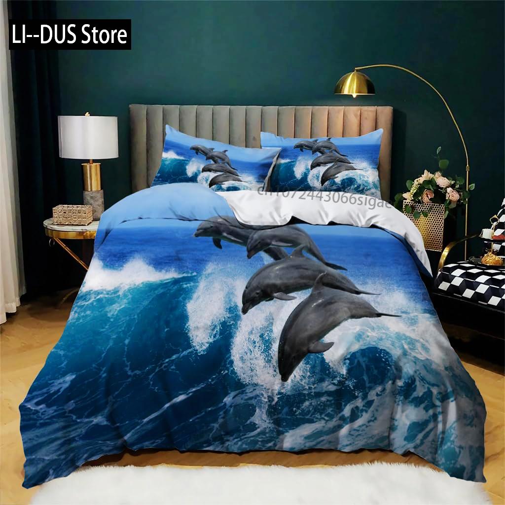 Galaxy Bedding Set Dolphin Comforter Cover for Kids Adult Duvet Cover Sea Creatures Bed Cover Starry Sky Blue Room Decor 3Pcs