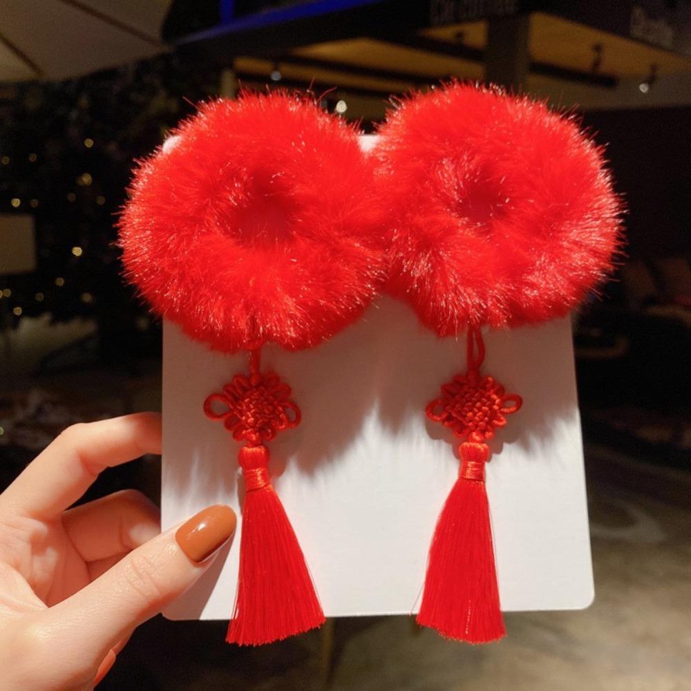 2pcs Elastic New Year's Red Plush Hair Rope Ancient Style Girl Hair Ties Daily Life