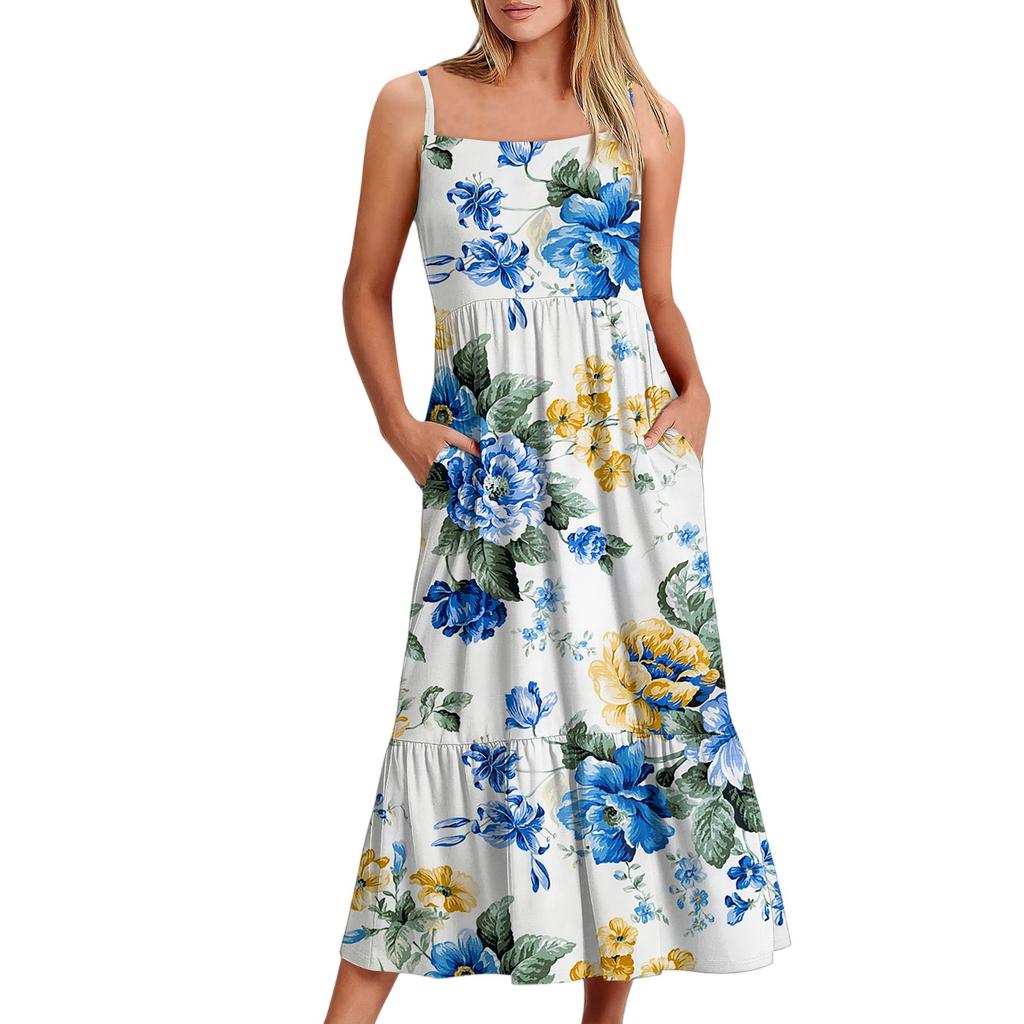 Женское длинное пляжное повседневное элегантное платье макси на тонких бретельках с цветочным принтом, струящееся платье в стиле бохо