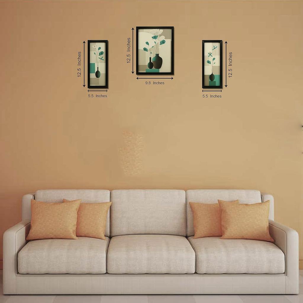 Set of 3 Beautiful Flower Vases Framed Art Painting (6 X 13, 10.2 X 13, 6 X 13 inch)-Multicolour