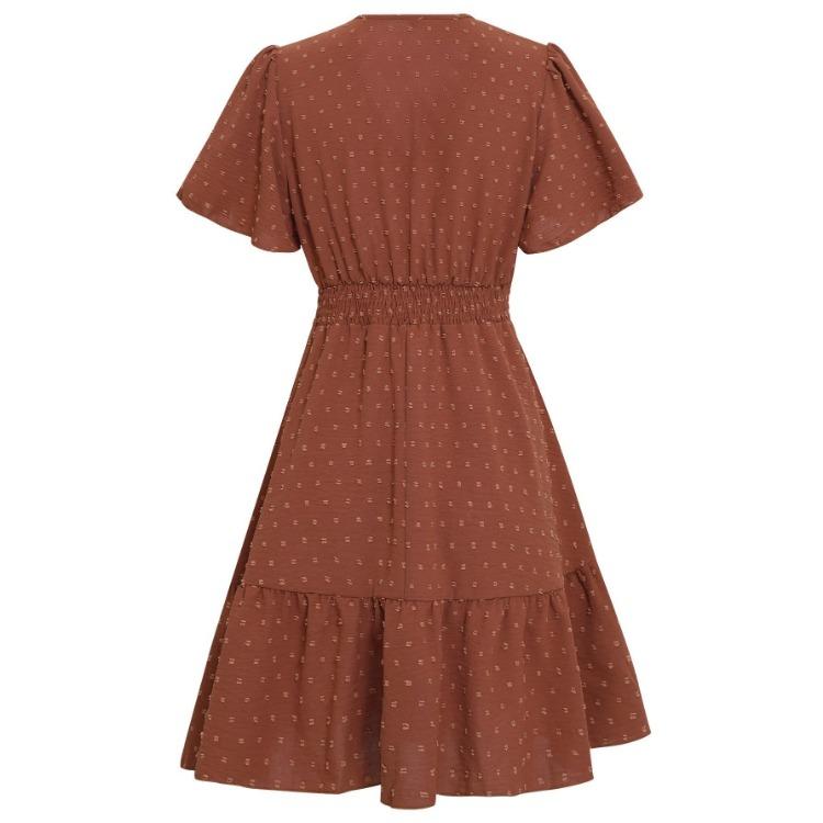 Женское повседневное платье А-силуэта с V-образным вырезом и короткими рукавами, с высокой талией, длиной выше колена, однотонное, с дизайном «лепестки лотоса», весна-лето, размеры S-XL