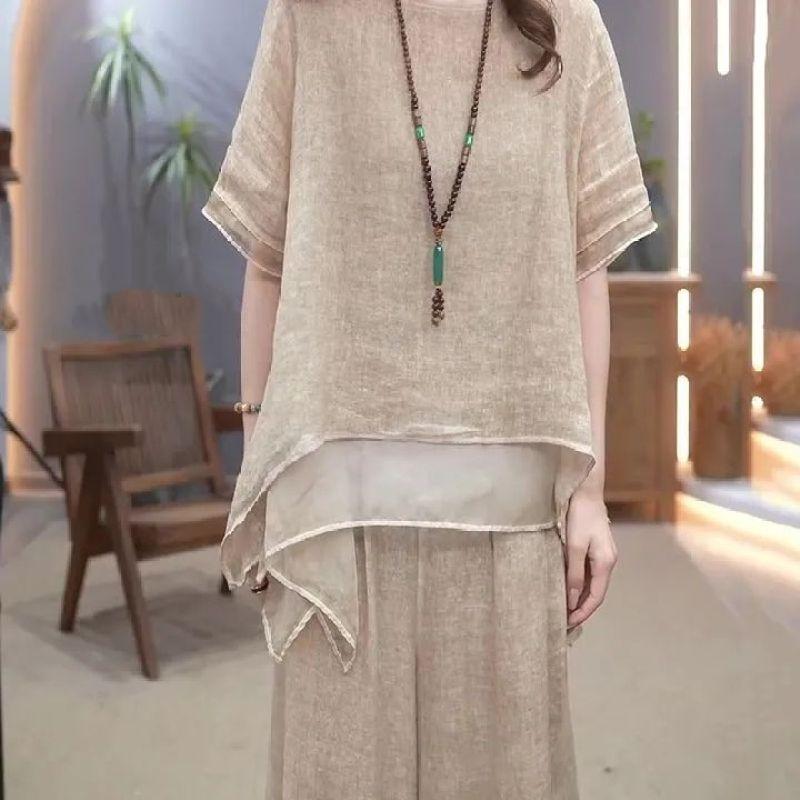 Linen Suit Two Piece Women 2023 Summer Cotton Linen Loose Large Size Suit