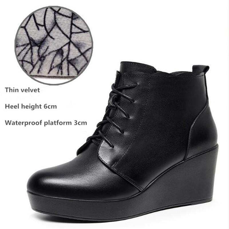 Genuine Leather Autumn Winter Women Boots Warm Plush Ankle Boots Female Wedges Boots Women Platform High Heels Shoes Size 33-43