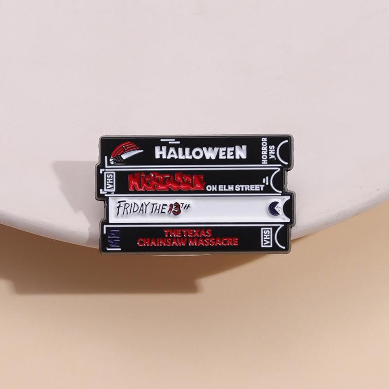 Horror Film Videotape Pin Brooch Buckle Golden Metal Badge Bag Clothes Lapel Brooches For Women Men Kids Gifts