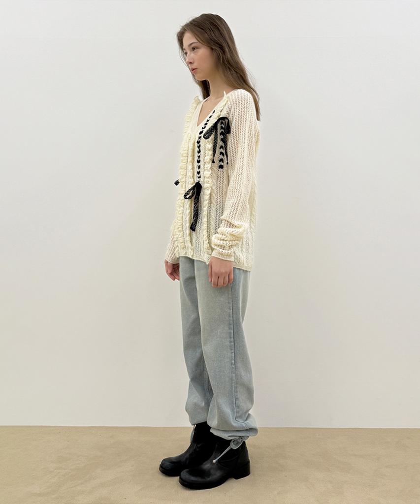 SINOON [Worn By Yeonwoo] Crochet Ribbon Tie V-Neck Pullover (Ivory)
