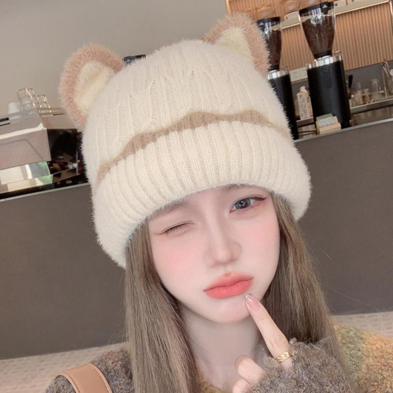 Зимняя теплая женская симпатичная шапка-бини, повседневная мешковатая меховая шапка с кошачьими ушками, аксессуары для головных уборов