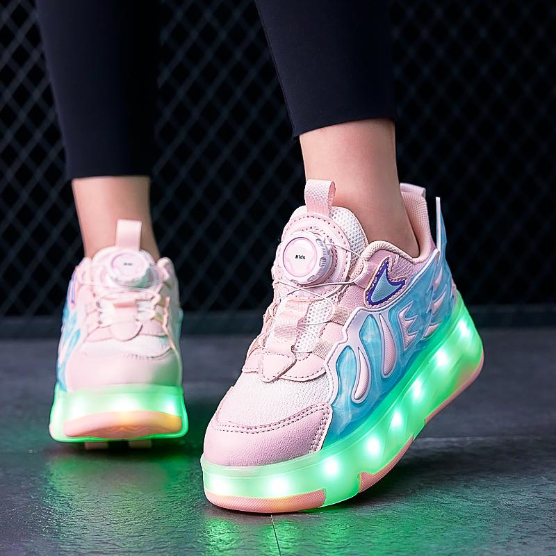 ДЕТСКАЯ четырехколесная зарядная обувь на плоской подошве, обувь со светодиодной лампой, обувь для бегунов, спортивная обувь для катания на роликовых коньках, коньки для девочек