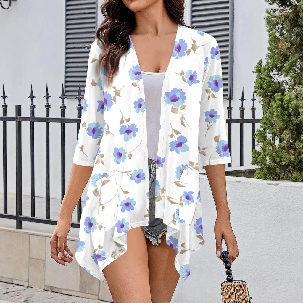 Women's Fall Print Irregular Three-quarter Sleeve Cardigan With Pocket Jacket
