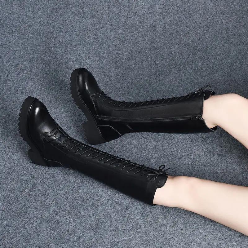 Women's Long Boots Round Toe Middle Heel Ladies Knee High Shaft Shoes Platform Comfortable and Elegant Winter 2024 Novelty Trend