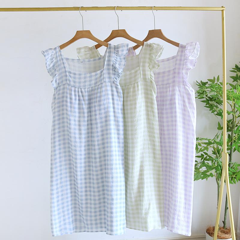 Summer New Women's Nightgown Vest 100% Cotton Large Size Loose Plaid Dress with Breast Pads