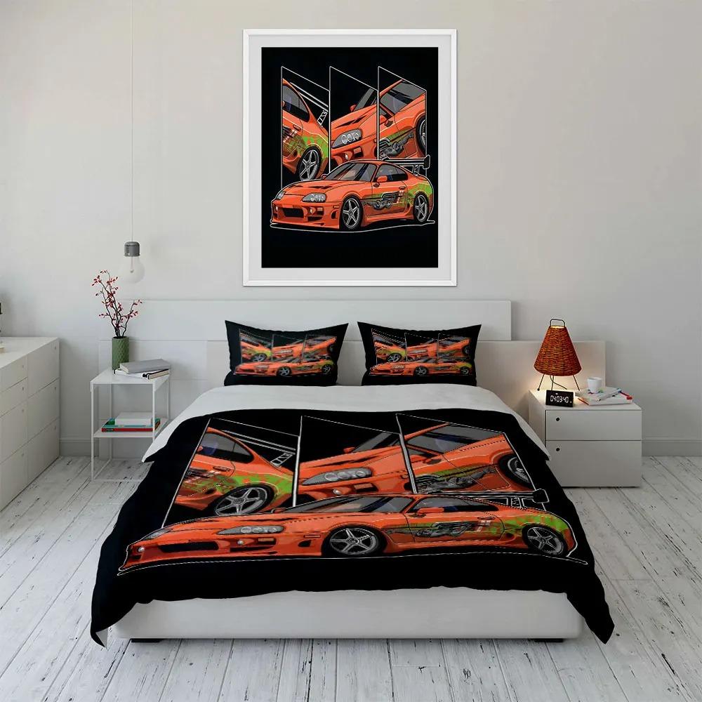 Orange Modified Sports Car Pattern Duvet Cover Pillowcase Bedding Set Kids Boy Girl Bedroom Decoration Single Double Queen Size