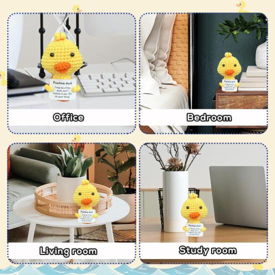 Positive Crochet Yellow Duck Doll with Encouraging Card Emotional Support Handmade Knitting Animal Decoration Ornament Kids Adults Stress Relief Toy
