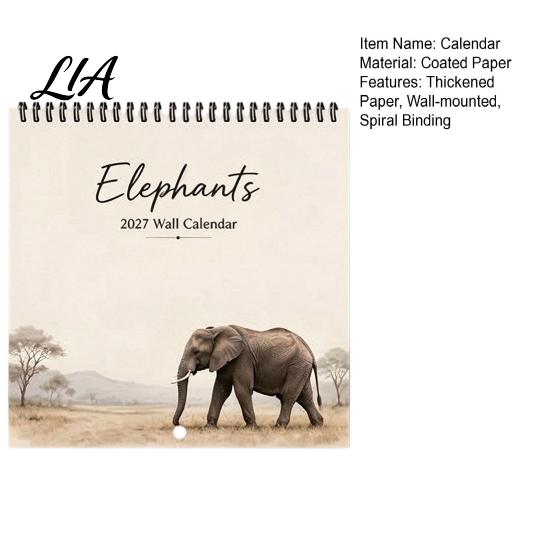 Decorative Home Wall Calendar Elephant 2027, 12-Month Wildlife Planner with Spiral Binding, Professional Daily Note Thick Paper for Office,