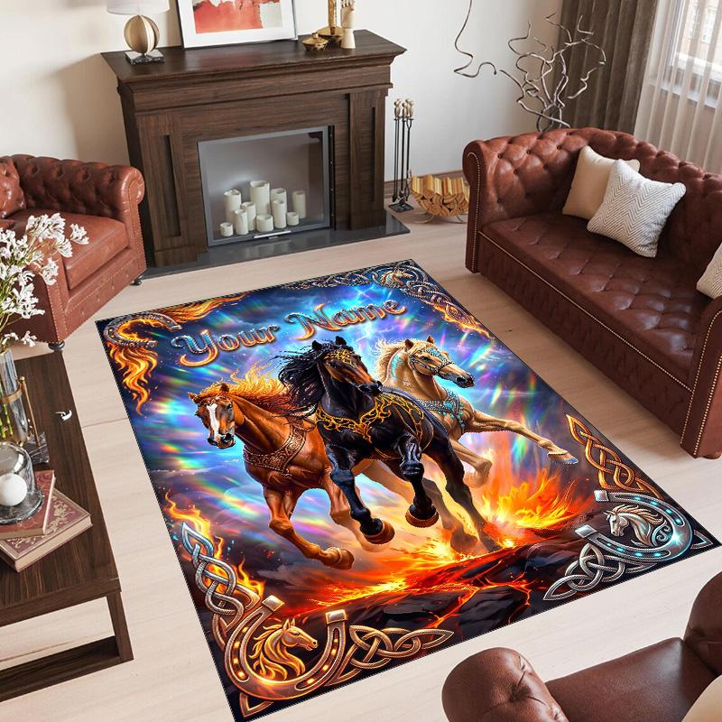 Horse Theme Crystal Velvet Floor Rug Personalized Custom Name Text Warm Carpet Home Decoration