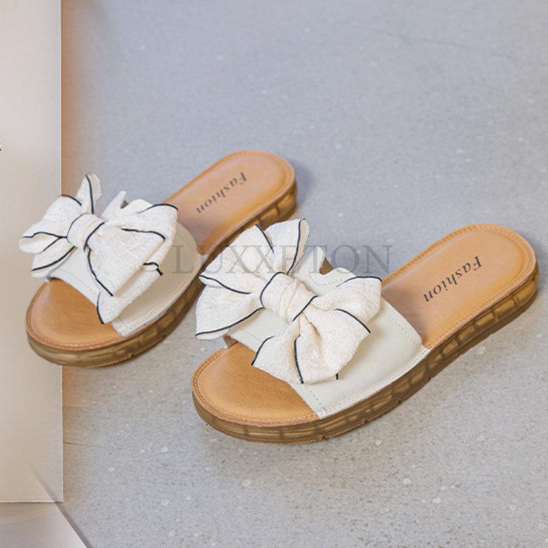Тапочки из натуральной коровьей кожи для женщин, летние, с бантом, корейские, с мягкой подошвой, женские туфли на плоской подошве