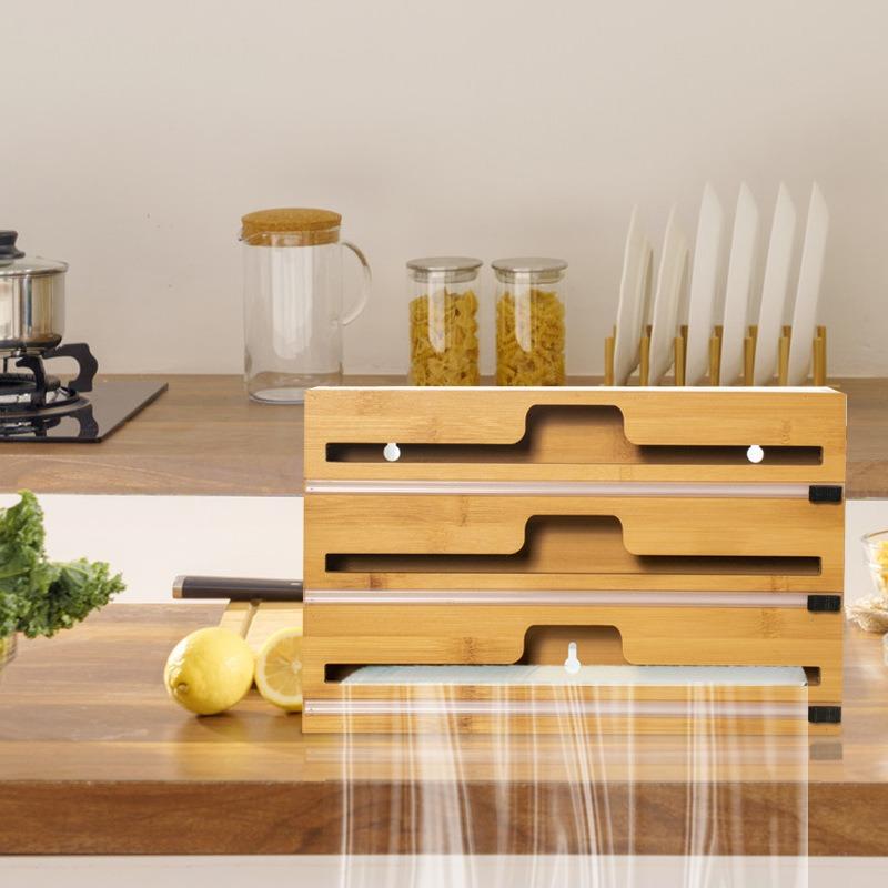 3 в 1 органайзер для оберток с резаком Пластиковая пленка Алюминиевая фольга Вощеная бумага Бамбуковый диспенсер Кухонный органайзер из натурального бамбука