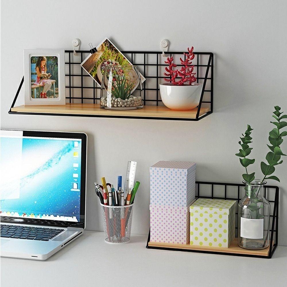 Punch-Free Wall Mounted Storage Rack Grid Shower Hanging Basket Wooden Iron Wall Shelf Home