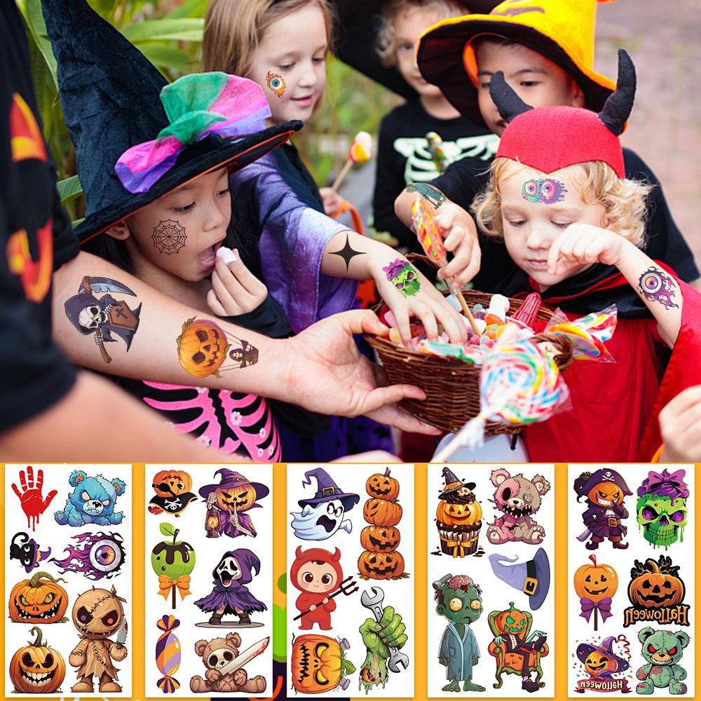 10sheets Cartoon Halloween Pumpkin Tattoo Stickers For Face Body Temporary Decorative Tattoo Stickers Kids Festival Party Gifts