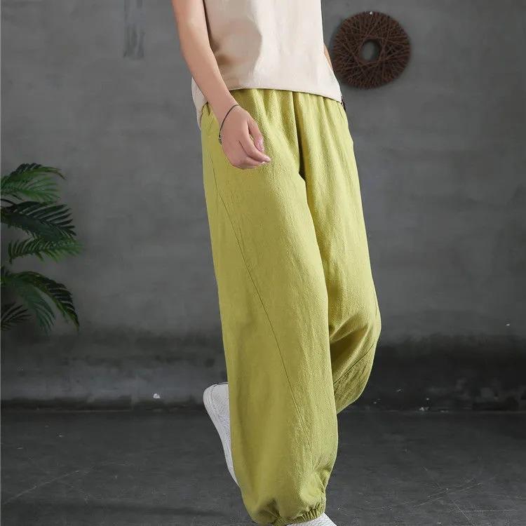 Блумеры из хлопка и льна, повседневные эластичные свободные женские брюки с высокой талией, корейская мода, широкие брюки длиной до щиколотки для женщин
