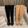 Krazing Pot Осенне-зимняя обувь из флока, эластичные сапоги на среднем каблуке, плиссированные украшения, женские теплые сапоги до бедра