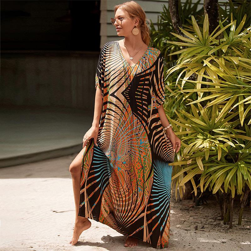 EDOLYNSA Турецкий халат с принтом и рукавами «летучая мышь», летняя туника, купальник больших размеров, накидка для женских купальников, синие платья-кафтаны Q1415