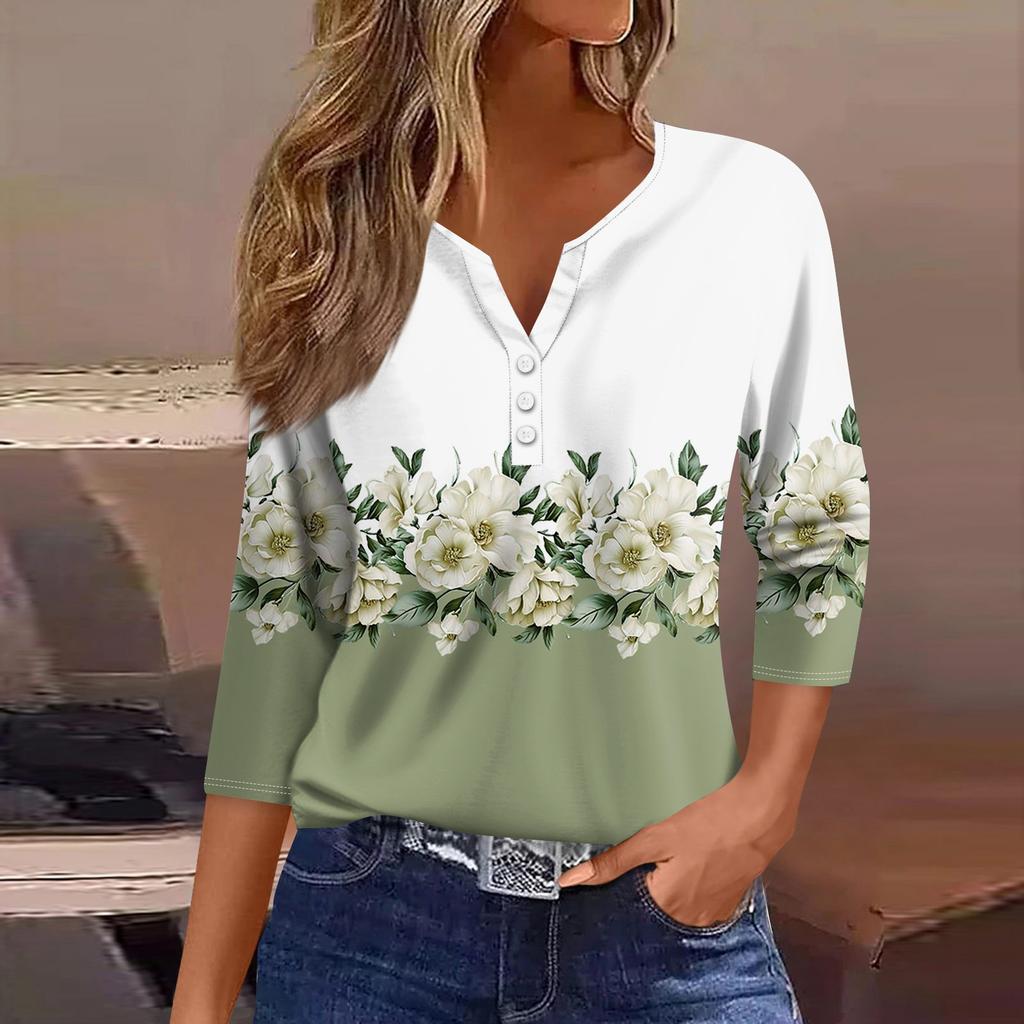 3/4 Length Sleeve Womens Tops Floral Print Vintage Fashion Casual Loose With V Neck Plus Size Shirts