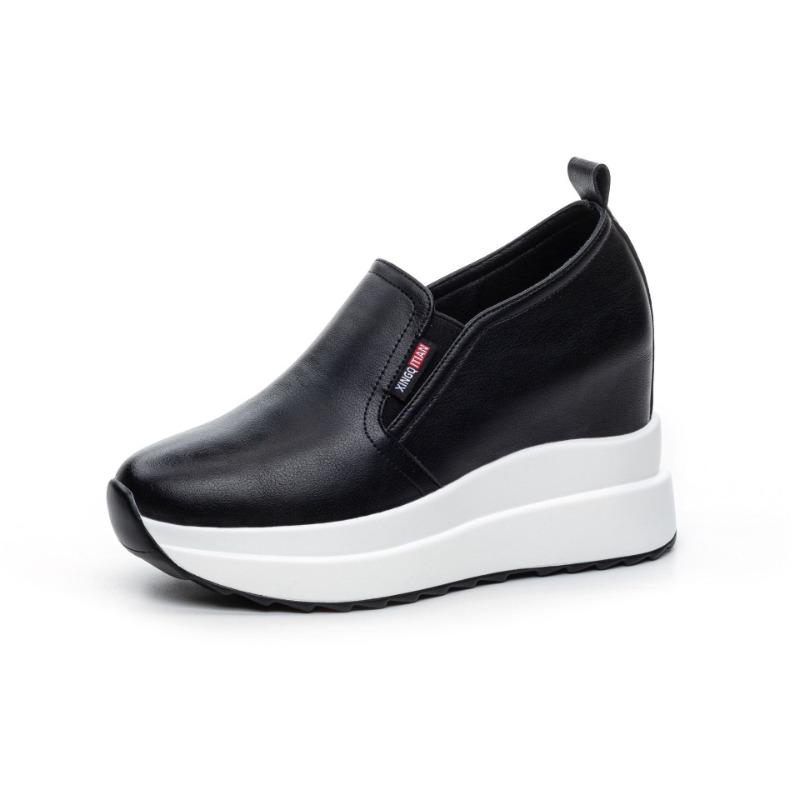 Весенне-осенние туфли-клинья женские модные кроссовки из натуральной кожи с увеличением высоты 10 см черные белые туфли