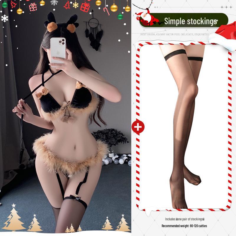 Man Yan Three-Piece Bowknot Reindeer Plush Lingerie Set 9891