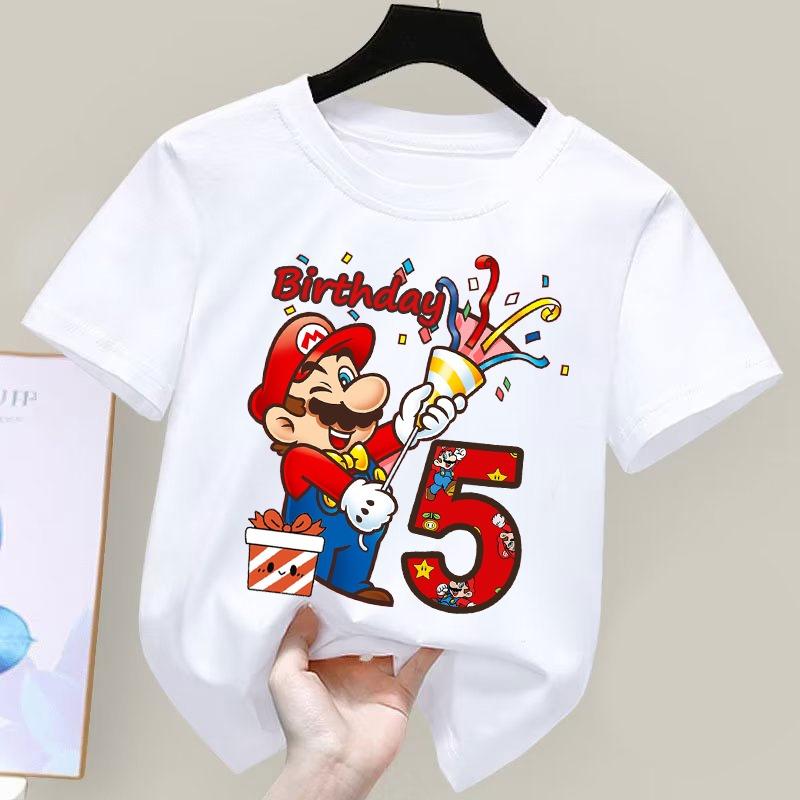 Футболки с принтом Super Marioes Bros Номер 1-10 Аниме Мультфильм Милый Топ с короткими рукавами Мальчики Девочки Летний Хлопковый Круглый Вырез Футболка