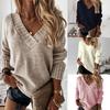 Осенний женский свитер с v-образным вырезом, повседневный однотонный вязаный пуловер, свитер с длинными рукавами