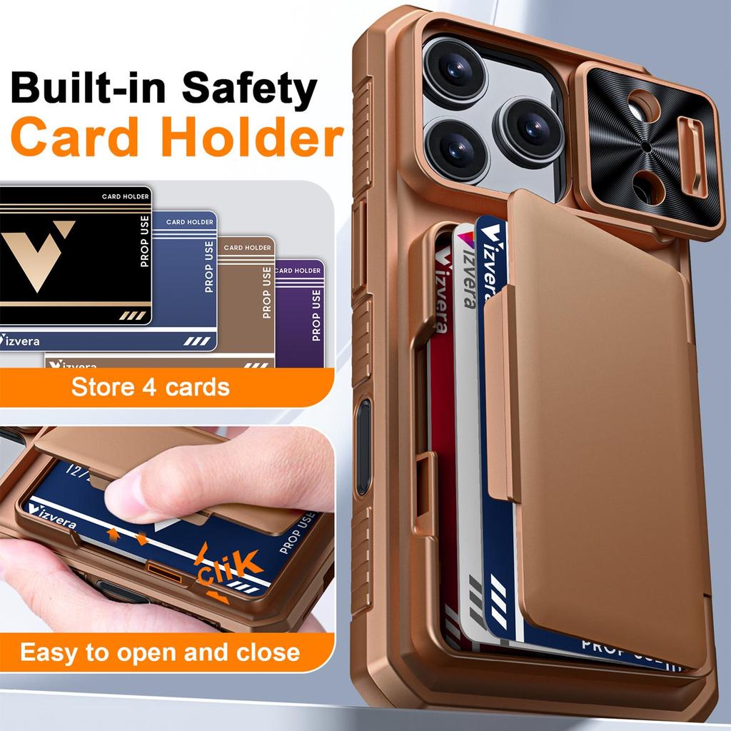 Wallet Case with RFID Blocking Card Holder Camera Cover Stand PC+TPU Protective Cover for iPhone 17 Pro-Gold
