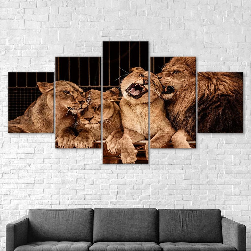 Lion Family Wildlife Animal 5 Piece Five Panel Wall Canvas Print Modern Art Poster Home Decor Gift For Him For Her
