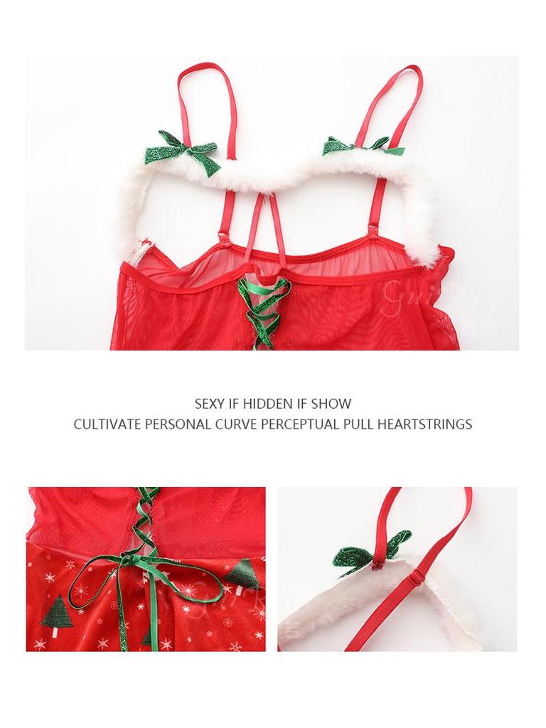 Velvet Bow Cutout Lingerie Set: Plush Patchwork Christmas Uniform for Women