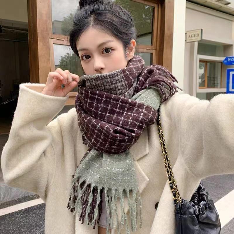 New Winter Scarf Contrasting Plaid Versatile Warm Imitation Cashmere Thickened Senior Student Couple Shawl Scarf Trendy