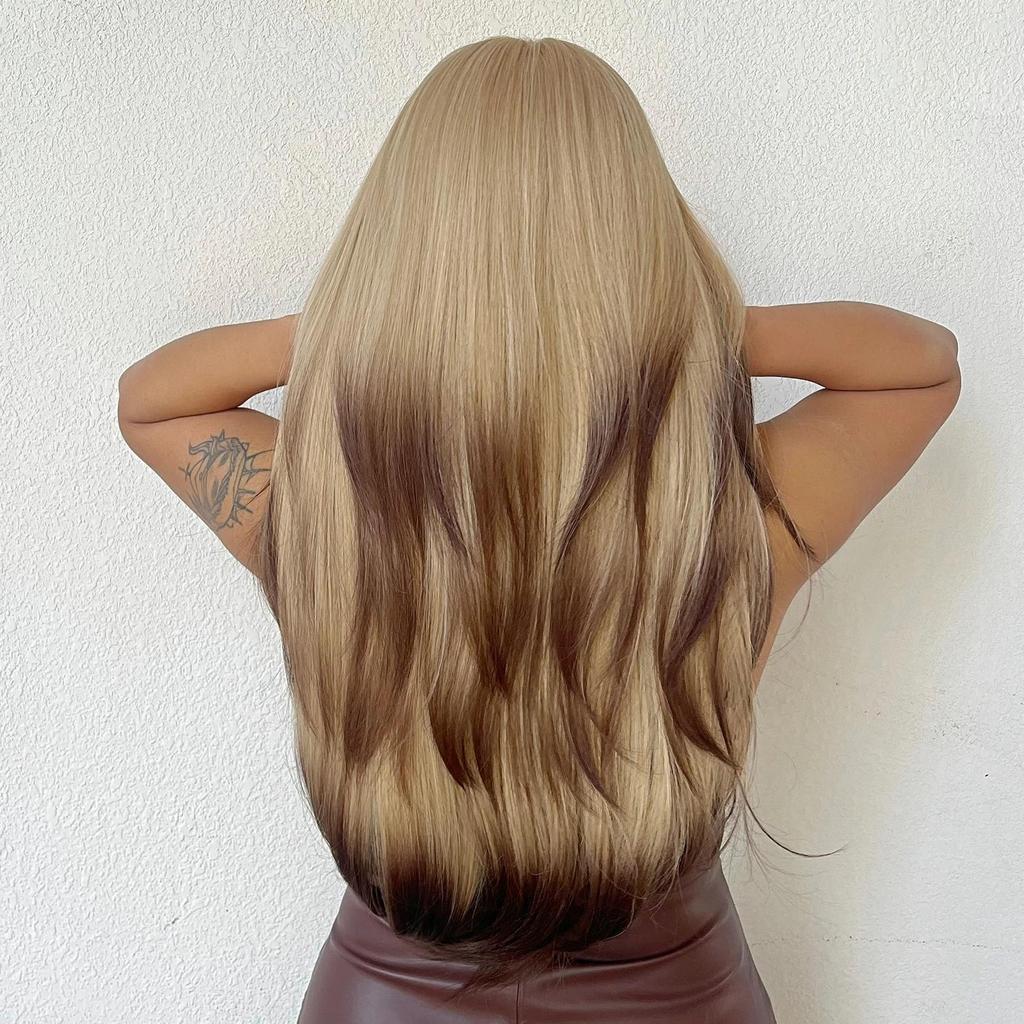 HAIRCUBE Длинный волнистый парик от коричневого до светло-желтого цвета для женщин, многослойный синтетический парик с челкой, натуральное термостойкое волокно для рождественской вечеринки