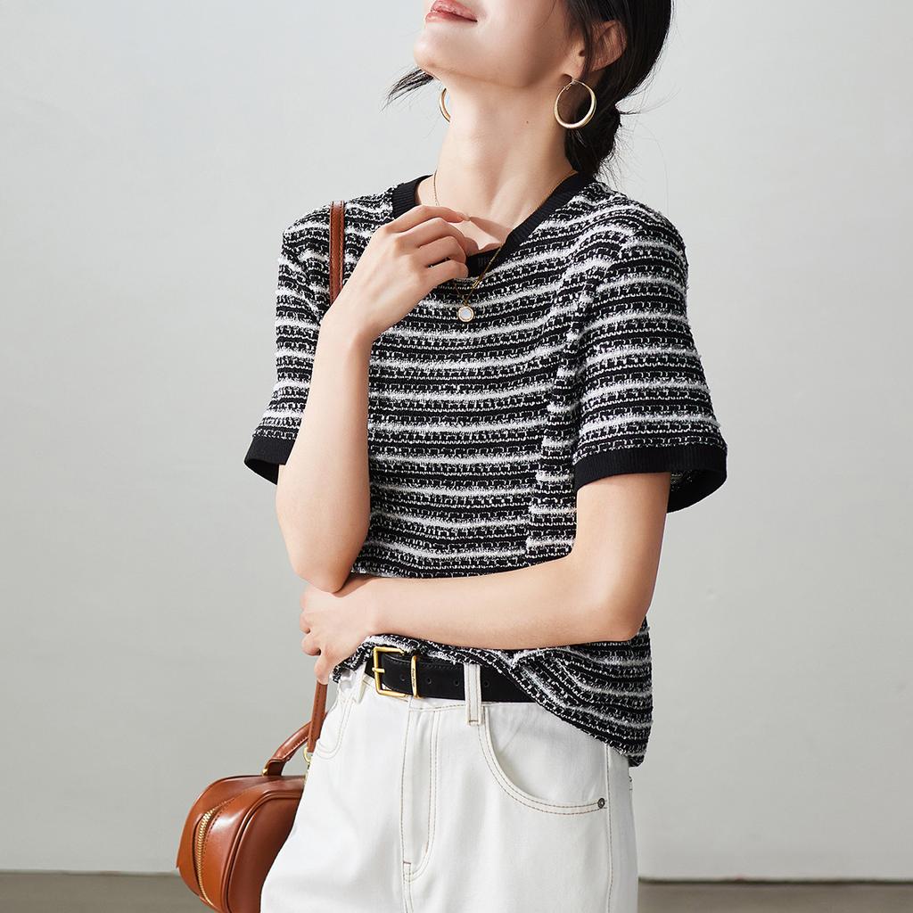 Striped short sleeved t-shirt for women, 2026 spring fashion commuting versatile casual top