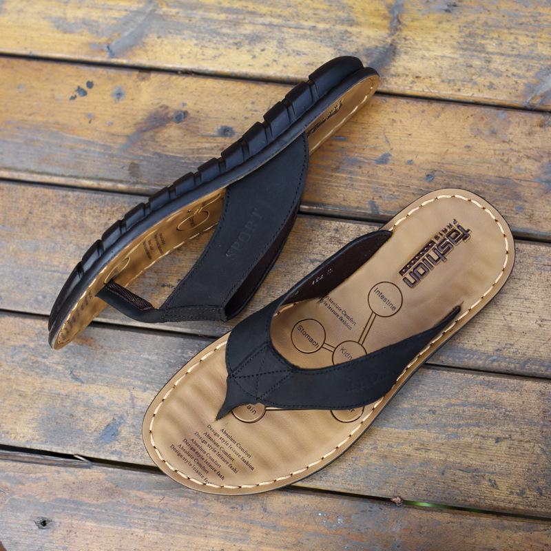 Summer Shoes Men Slippers Flat Genuine Leather Holiday Slippers Brand Mens Flip Flop Non-slip