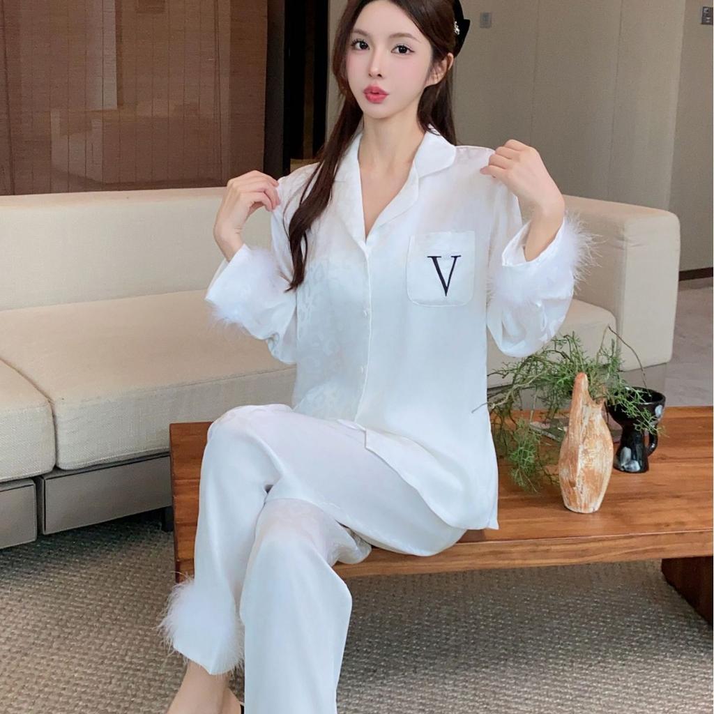 Jacquard Spring Feather Ice Silk Pajamas for Women Light Luxury Silk Satin Home Clothes