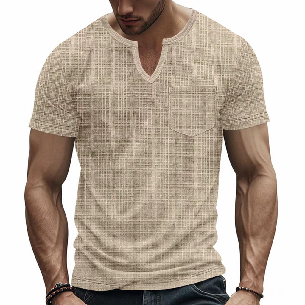 Мужская футболка-henley с коротким рукавом, нагрудным карманом, повседневная, из легкой текстурированной ткани, с вырезом