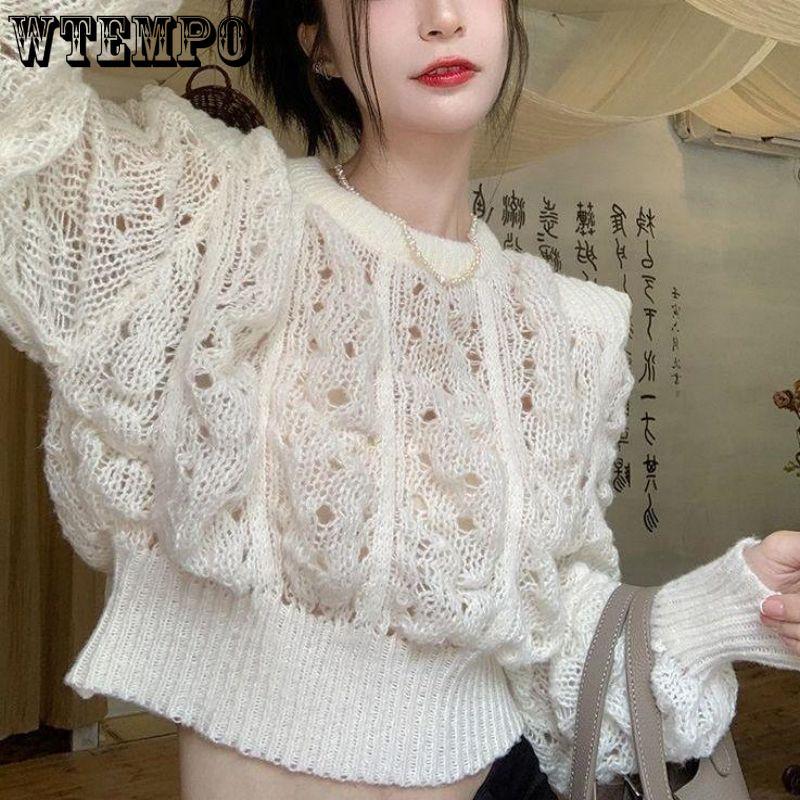 French Autumn Sweater Women's Solid Color Round Neck Hollow Knit Sweater Bubble Sleeve Knit Sweater Top Casual Knit Sweater