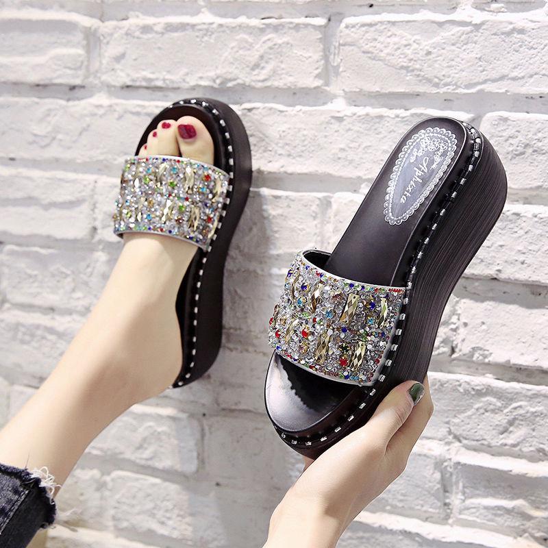 6cm High-heeled Rhinestone Slippers Women Summer Wear All-match Rivets Thick-soled One-word Drag High-heeled Shoes Crystal Sequins