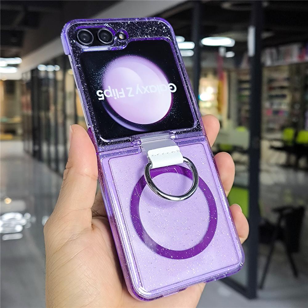 Glitter Transparent Magnetic Ring Holder Case For For Samsung Galaxy Z Flip 6 5 4 3 Wireless Charging Shockproof Cover For Z Flip6